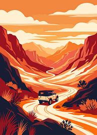 Une jeep tout-terrain emprunte une route sinueuse dans un canyon, paysage désertique au coucher du soleil
