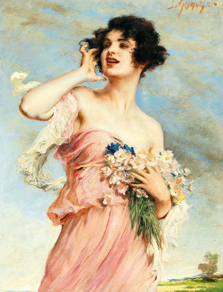 leopold schmutzler, Young beauty with bouquet of flowers by Atelier Liesjes