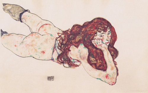 Vrouwelijk naakt liggend op haar buik, Egon Schiele - 1917
