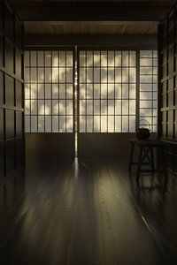 Maison japonaise traditionnelle dans la lumière du soir avec le jeu d'ombres des arbres sur les port