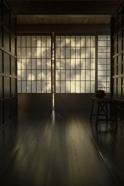Traditional Japanese house in the evening light with shadow play of the trees on shoji sliding doors by Besa Art