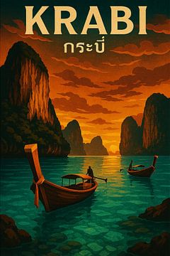 Krabi Sunset Serenity - Longtail Boats &amp ; Limestone Cliffs Art Print