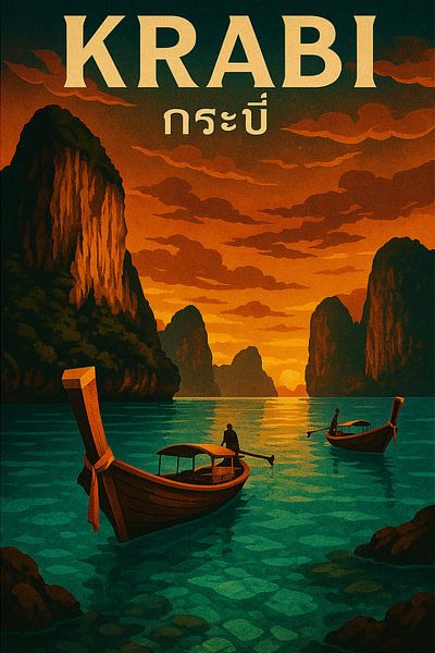 Krabi Sunset Serenity - Longtail Boote &amp; Kalksteinfelsen Kunstdruck von Travel Shop