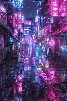 Cyberpunk-neonstadslandschap: regenachtige nacht met paraplu