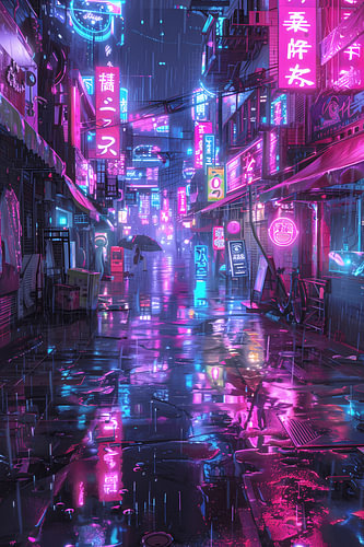 Cyberpunk neon cityscape: A rainy night with an umbrella