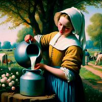 Het Melkmeisje van Vermeer haalt haar eigen melk. Popart
