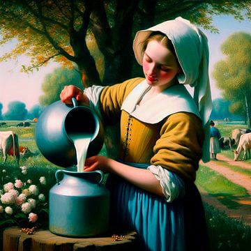 Vermeer's Milkmaid fetches her own milk. Pop art by Ineke de Rijk