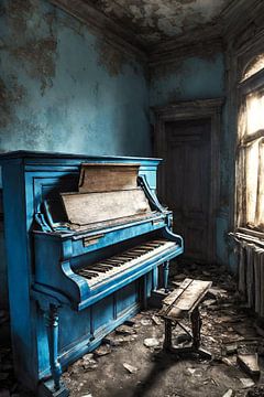 verlaten kamer met blauwe piano van Bernhard Karssies