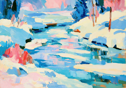 An abstract winter landscape motif featuring a blue river and pink accents