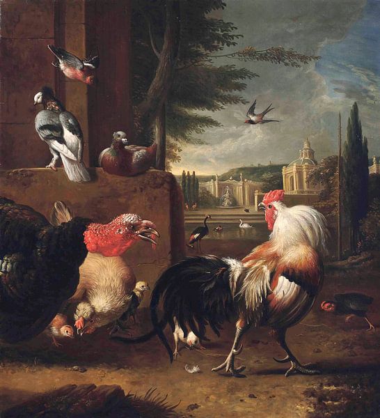 A cockerel, a turkey and other birds in a landscape, Melchior d'Hondecoeter by Masterful Masters