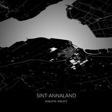 Carte en noir et blanc de Sint-Annaland, Zélande. sur Rezona