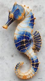 Seepferdchen in Delfter Blau und Gold auf weißem Marmorgrund von Gelissen Artworks