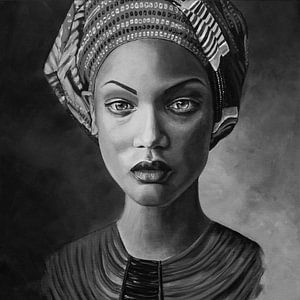 Schilderij van een Afrikaanse vrouw met hoofddoek, zwart wit