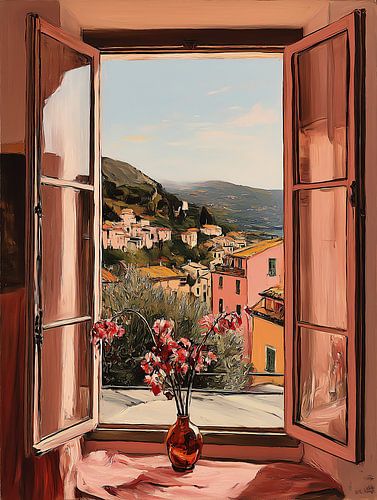 Mediterraans uitzicht uit open raam