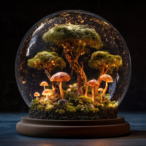 Betoverd bos met rode paddenstoelen in glazen bol