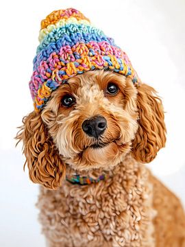 Goldendoodle met een muts op van haroulita