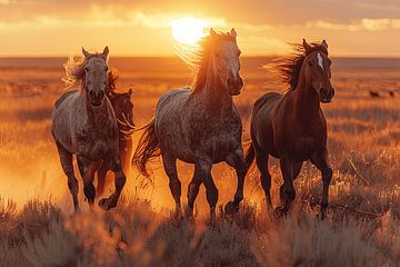 Troupeau de chevaux sauvages galopant au coucher du soleil sur Felix Brönnimann