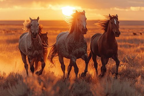 Kudde wilde paarden galoppeert de zonsondergang tegemoet