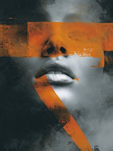 Close-up Vrouw met Oranje Accenten – Moderne Abstracte Wandkunst