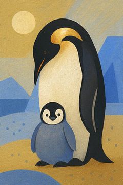 Peinture d'un manchot empereur avec un poussin. sur Johannes