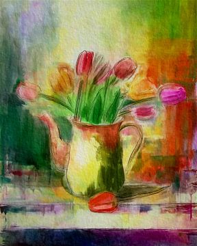 Abstract stilleven schilderij. Koperen kan met Hollandse tulpen van Studio Pieternel