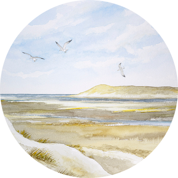 Duinlandschap Aquarel met zicht op natuurgebied De Slufter op Texel van Galerie Ringoot