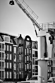 Dutch facades with boat crane in black and white