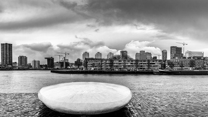 Skyline von Rotterdam die Niederlande in Schwarz und Weiß mit Wasser im Vordergrund von Bart Ros