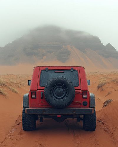 Roter Jeep Wrangler bei Sonnenuntergang in den Dünen