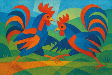 Peinture géométrique de coqs de combat. sur Galerie Hoppenbrouwers