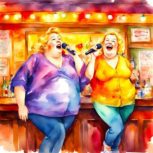 2 sociable ladies sing in a karaoke bar