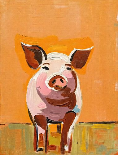 Varken | Roze Varken met Oranje Achtergrond van ARTEO Schilderijen