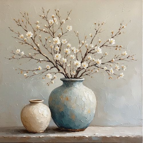 Een blauw groene vaas met bloesem takken wabi sabi modern abstract stijl.
