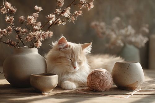 Slapende kat met keramiek en bloemen - Dromerig schilderij