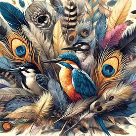 Martin-pêcheur et oiseaux chanteurs en plumes de paon sur Chromatic Fusion Studio