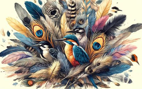 IJsvogel en zangvogels in pauwenveren