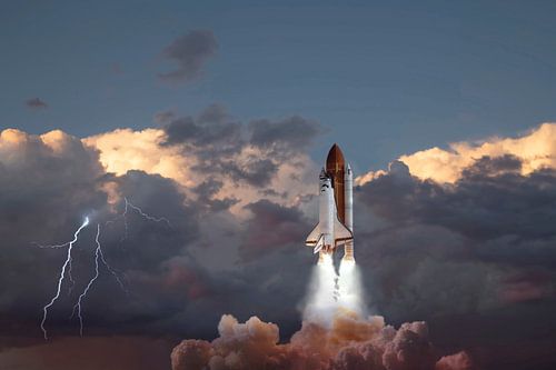 Space shuttle launch, with thunder.