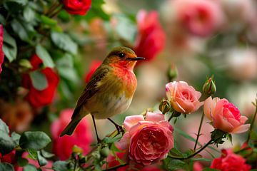 Elegante vogel rustend tussen roze rozen van De Muurdecoratie