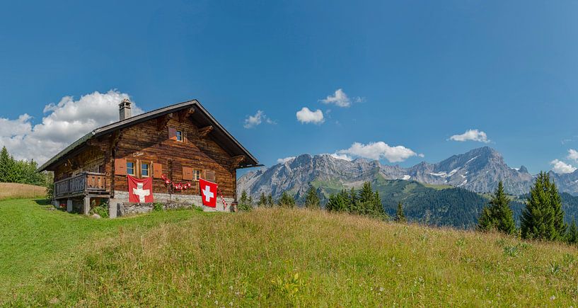 Berghut versierd met zwitserse vlaggen, Villars-sur-Ollon, Vaud, Zwitserland van Rene van der Meer