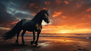 Schwarzes Pferd steht auf einem Sandstrand unter einem wolkigen blauen und orangefarbenen Himmel mit Sonnenuntergang.