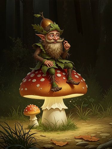 Kabouter zittend op paddenstoel Paddenstoel