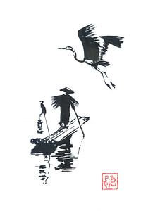 fisherman and stork sur Péchane Sumie