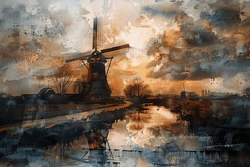 Aquarel Avondlied - windmolen - nederland van Eva Lee
