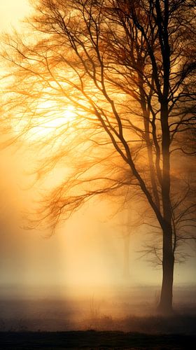 Golden Rays through the Foggy Deciduous Forest
