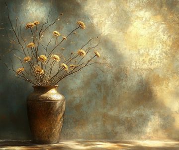 Goldene Blüten auf Teal von Blickfänger Gemälde