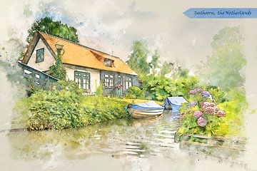 village Giethoorn, the Netherlands, in watercolor sketch style by Ariadna de Raadt-Goldberg