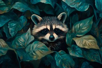 Waschbär im Laub von Poster Art Shop
