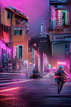 Digital art, cityscape in neon colors by Bert Nijholt