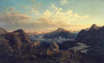 Hans Gude, Norwegian highlands in sunrise, 1854